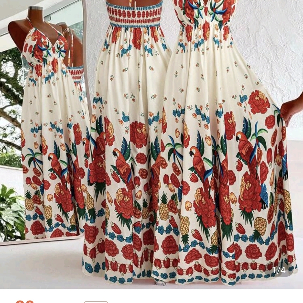 Tropical Parrot and Floral Maxi Dress